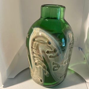 Signed J Byron 73 English Studio Art Glass green vase. Cream design. ~ 7.5” tall